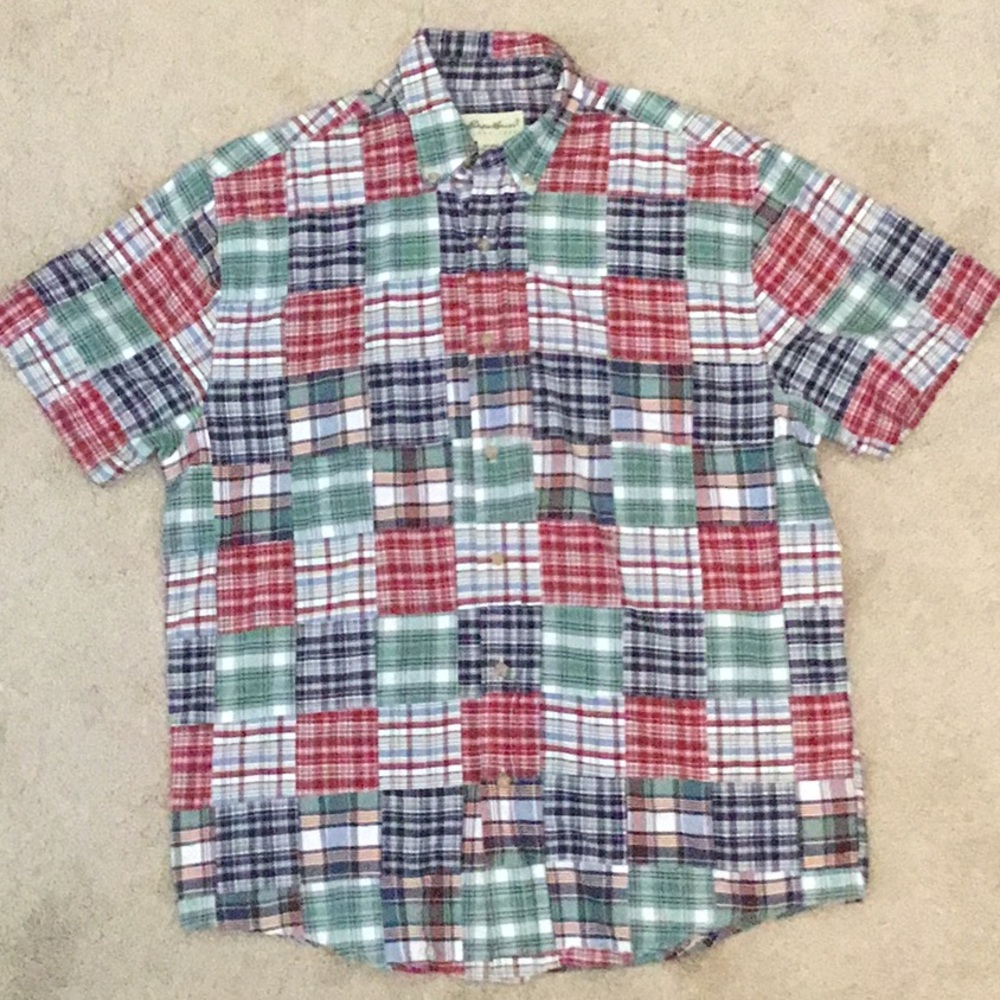 Eddie Bauer Patchwork Plaid Short Sleeve Button Down cotton Men’s Small